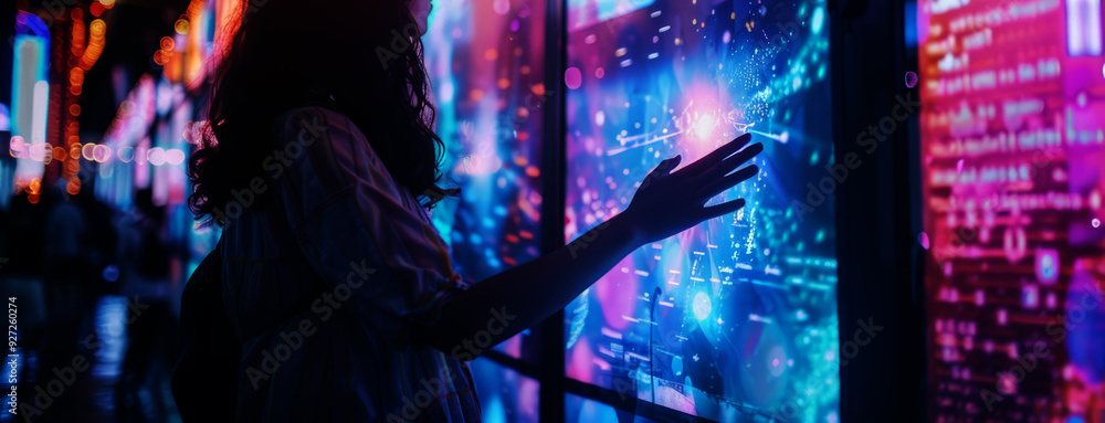 Poster young woman interacting with multiple digital screens displaying various data and information