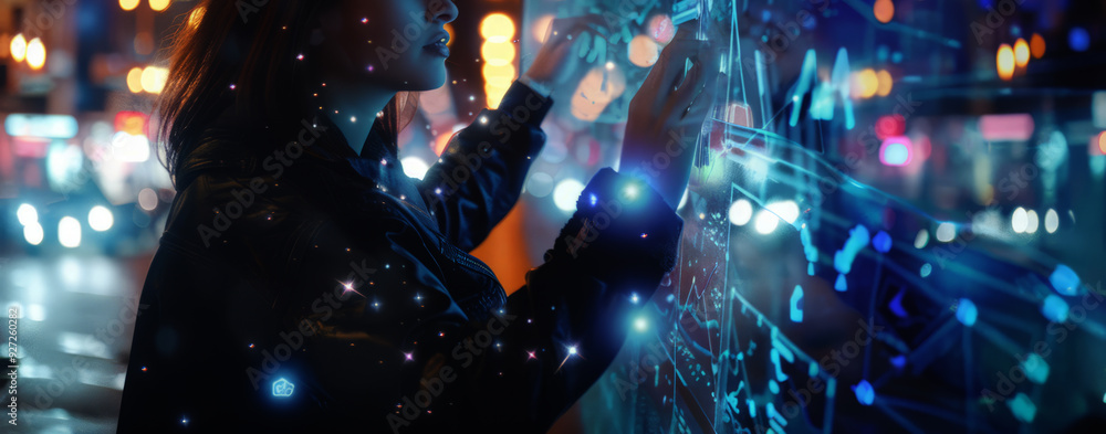 Poster young woman interacting with multiple digital screens displaying various data and information