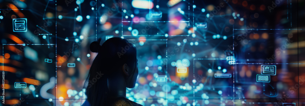 Aufkleber young woman interacting with multiple digital screens displaying various data and information