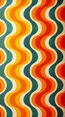 The image is a colorful, abstract design with orange, green, and blue stripes