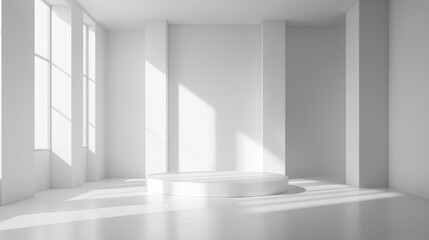 Fototapeta premium White clean empty 3D space room studio background with podium to display products minimalistic interior.