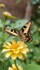 Obraz premium A butterfly is sitting on a yellow flower