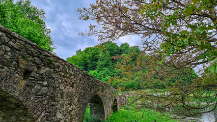 Scenic view of ancient historic aqueduct on castle Landskron in Carinthia, Austria. Lush greenery surrounds the landmark creating a vibrant contrast against the gray stone. Tranquility