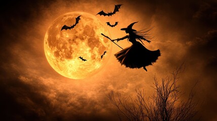 Witch Flying Under the Full Moon 