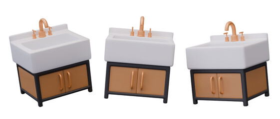 Realistic porcelain sink with faucet and cabinet. Furniture for bathroom, kitchen, toilet room