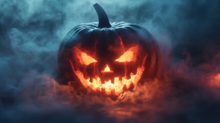 Jack-o'-Lantern's Eerie Glow: A menacingly carved pumpkin illuminates the smoky darkness with an infernal orange glow, setting a spooky Halloween scene.