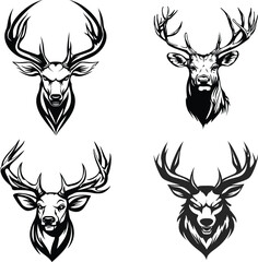 Vector Collection of Deer Head Silhouettes: Black and White Illustrations of Wild Deer, Reindeer, Logos, Icons, and Symbols in Cartoon Style on a White Background.