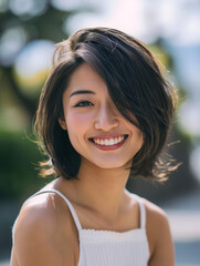 Happy woman with short hair smiling outdoors. A young woman with short black hair smiles warmly at the camera. She is wearing a white tank top and looks relaxed and content.