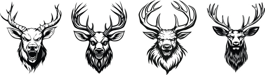 Obraz premium Stylized Deer Head Vector Collection. Wild Deer and Reindeer Illustrations in Black and White, Perfect for T-Shirts, Logos, Icons, and Cartoons.