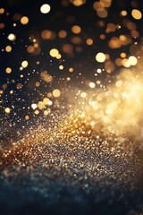Obraz premium Abstract golden and white bokeh lights sparkle against a dark background, creating a festive and magical atmosphere.