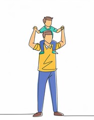 Fototapeta premium single line drawing of young happy father playing together and lifting his son on the shoulders