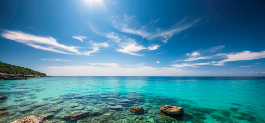 Landscape of emerald sea and bright blue sky