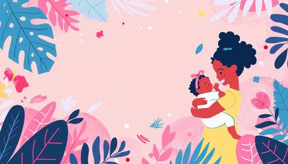 A mother holding her baby girl with a pink floral background.