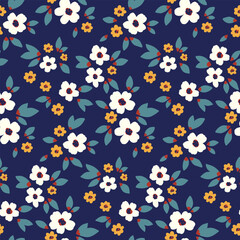 Seamless floral pattern, pretty liberty ditsy print, abstract ornament of simple plants. Botanical design in folk motif: small hand drawn flowers, tiny leaves, bouquets on blue. Vector illustration.
