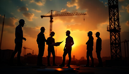 Construction Workers Action Group Male Female Laborers Discussing Plans Sunset