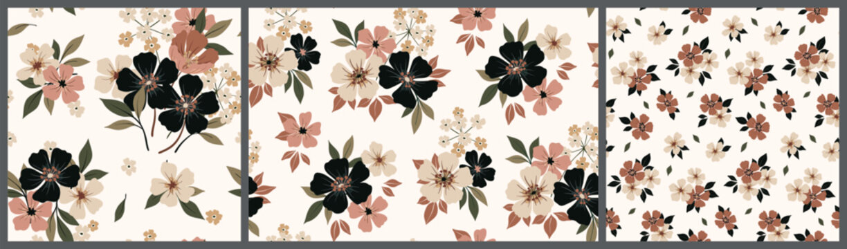 Seamless floral pattern, elegant ditsy print, abstract flower ornament in delicate vintage style. Cute botanical design in shabby motif: small hand draw flowers, leaves, bouquets. Vector illustration.