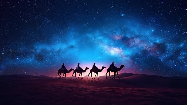 Camel caravan by night with galaxy sky. Silhouette tourists riding camels in a row in the Shapotou sand dune of Tengger Desert,