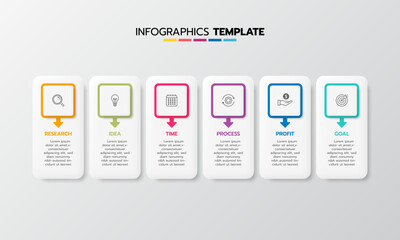 Business infographic template process with simple geometry square, rectangle, circle, triangle, curves in flat design template with thin line icons and 6 options or steps. Vector illustration.