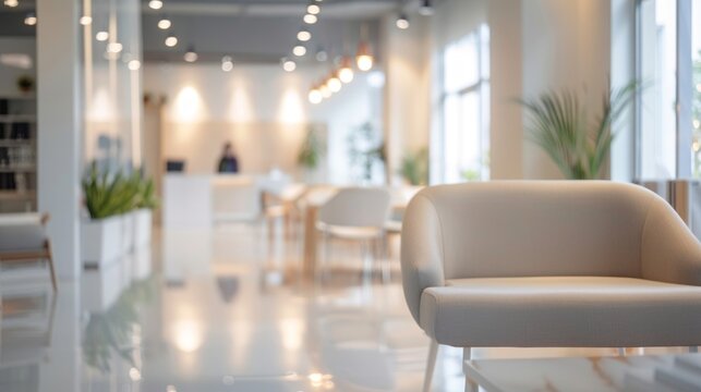 White chair in modern office lobby. A plush white chair in a modern office lobby with a blurred background, showcasing the minimalist design and bright lighting of the space.