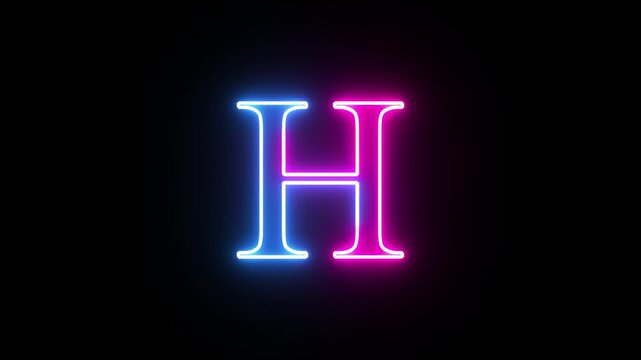 Glowing neon capital letter alphabet H animation. Purple and blue neon font letter "H" on black background. Educational concept
