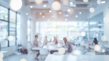 Blurred office space with bokeh lights. A soft, blurred image of a modern office space with bokeh lights, showcasing a calming and productive work environment.