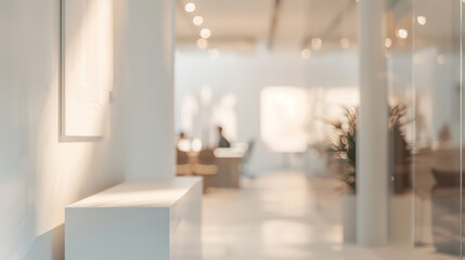 Minimalist white room with display stand. White minimalist room with a display stand and blurred background showcasing a contemporary office interior with natural light.