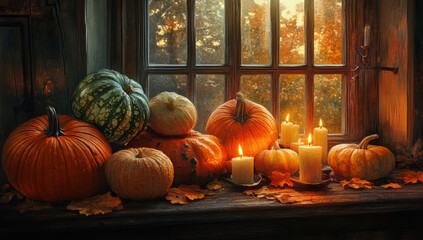 Halloween pumpkin and candles on wooden table