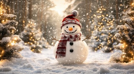 A winter wonderland scene with a snowman dressed in a scarf and hat, surrounded by snow-covered trees and glowing lights.
