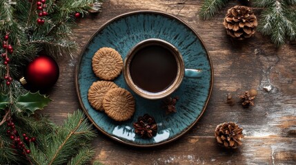 Cropped plate with coffee and cookies on Christmas