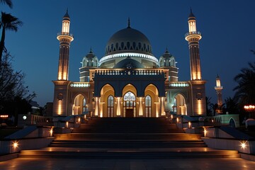 Obraz premium A stunning mosque shines under the night sky, showcasing intricate designs and tranquil surroundings with illuminated pathways