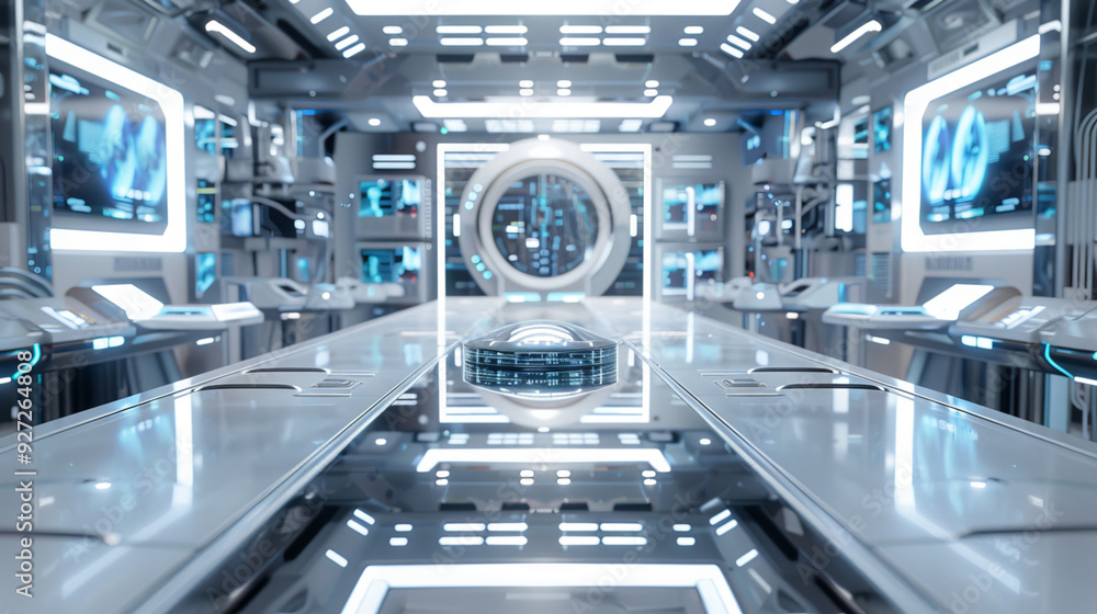 Aufkleber futuristic lab corridor with glowing panels. a futuristic laboratory corridor with glowing panels an