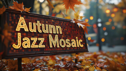 a sign against the backdrop of an autumn forest, with the inscription "autumn mosaic"