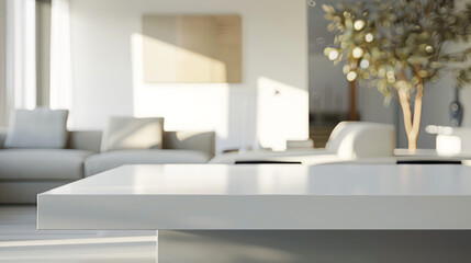 Fototapeta premium White tabletop in modern living room. A close-up of a clean, white tabletop in a modern living room with blurred background.