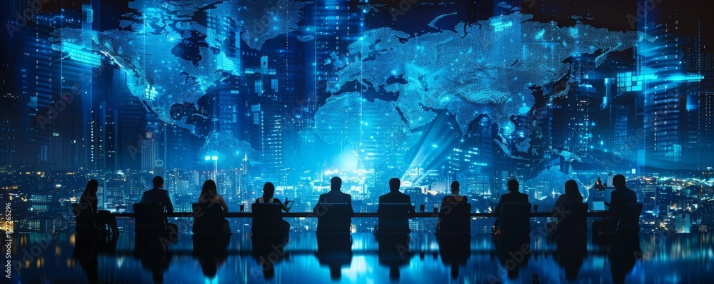 Poster a group of professionals collaborates on strategies while analyzing a digital world map