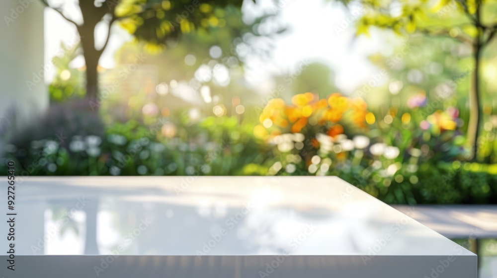 Poster white tabletop with blurred garden background. an empty white tabletop with a blurred background of 