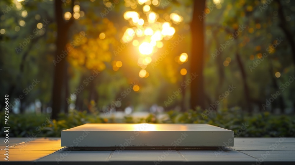 Poster empty platform in park at sunset. a white platform sits on a paved pathway in a park with a blurred 
