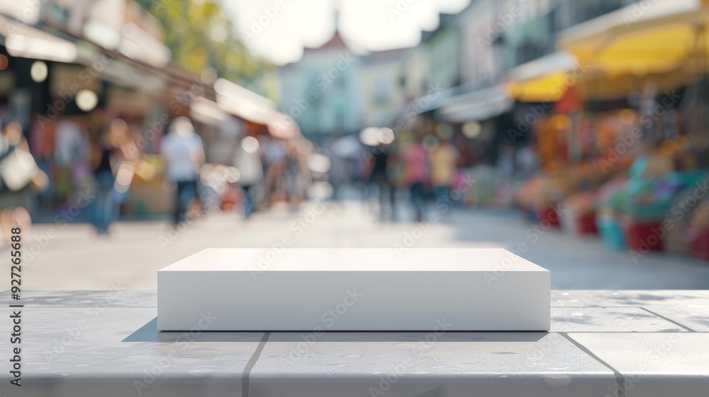 Aufkleber white platform mockup in busy marketplace. empty white platform with blurred background of a lively 