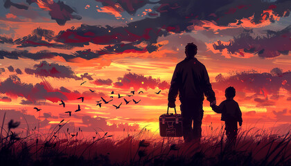 Obraz premium Silhouette of a father and son against a vibrant sunset sky.