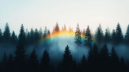 Obraz premium A white rainbow glowing above a foggy forest with trees barely visible through the mist