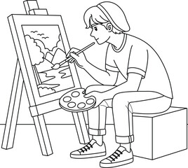 Artist Painting on an Easel Outline Coloring Page. Labor Day Hand Drawn Clip art