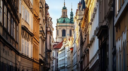Obraz premium Historic charm of medieval architecture in the streets of Prague showcasing its iconic buildings and landmarks