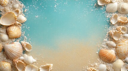 Obraz premium Seashells in the Sand: A tranquil beach scene unfolds with scattered seashells framing a soft, turquoise background, inviting dreams of seaside escapes and sun-kissed adventures. 