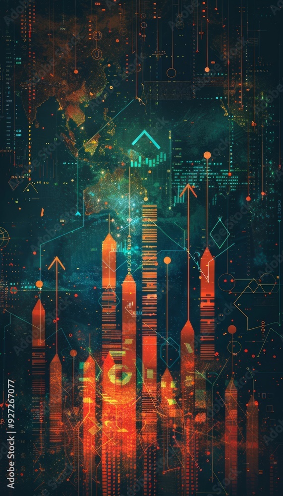 Poster a dynamic representation of financial data showcasing upward trends through arrows and colorful visu