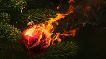 Burning christmas ornament on tree. A red Christmas bauble engulfed in flames hanging on a Christmas tree branch, creating a dramatic and festive image.