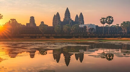 Fototapeta premium Majestic Angkor Wat Temples Reflected in the Calm Waters at Sunrise