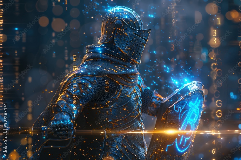 Aufkleber a knight in shining armor wields a shield, surrounded by glowing data streams in a dark environment