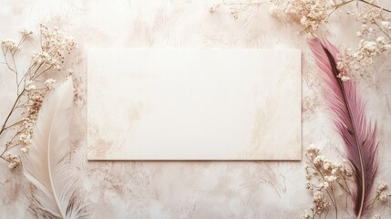 A Whisper of Elegance: Blank canvas adorned with delicate feathers and baby's breath on a textured backdrop, inviting creativity and minimalist design. 