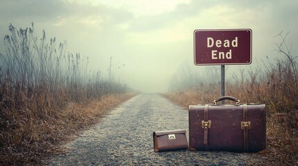 A foggy road leading to a dead end sign with a business briefcase, symbolizing bankruptcy and financial failure.