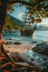 Naklejka premium A historic sailing ship rests near the rocky shoreline, surrounded by lush greenery at sunset