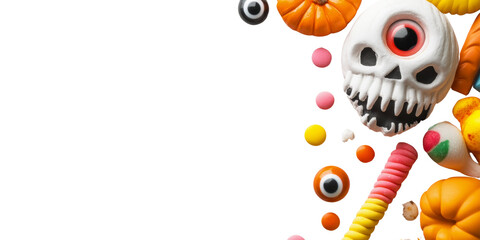 A skull, candy, and pumpkins cascade down, offering a playful yet spooky backdrop for your Halloween promotions.